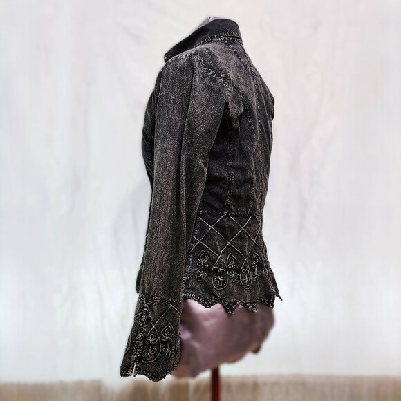 Embroidered & Flourished Denim Blouse w/Scalloped Hem & Wrists - Picture 3 of 11